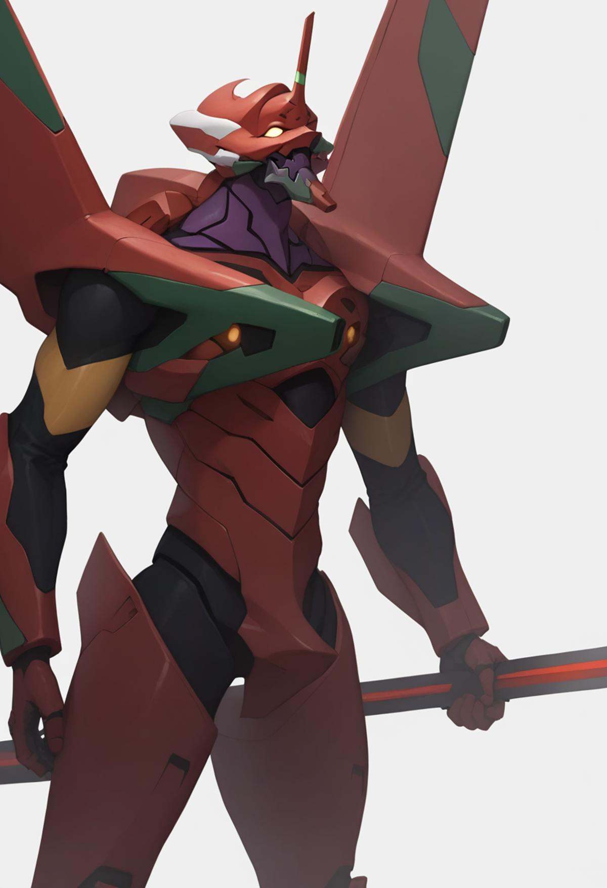 score_9,score_8_up,score_7_up,<lora:eva_pony:1>,no_humans, eva_02, solo, science_fiction, holding_sword, standing, highres, evangelion_\(mecha\), mecha_focus, hashtag-only_commentary, double-blade, heavy_spear_\(evangelion\), simple_background, white_background