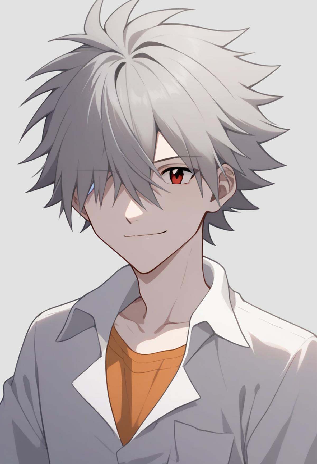 score_9,score_8_up,score_7_up,<lora:eva_pony:1>,1boy, nagisa_kaworu, solo, smile, absurdres, highres, closed_mouth, hair_over_one_eye, official_style, collared_shirt, looking_at_viewer, male_focus, short_sleeves, one_eye_covered, orange_shirt, style_parody, white_shirt