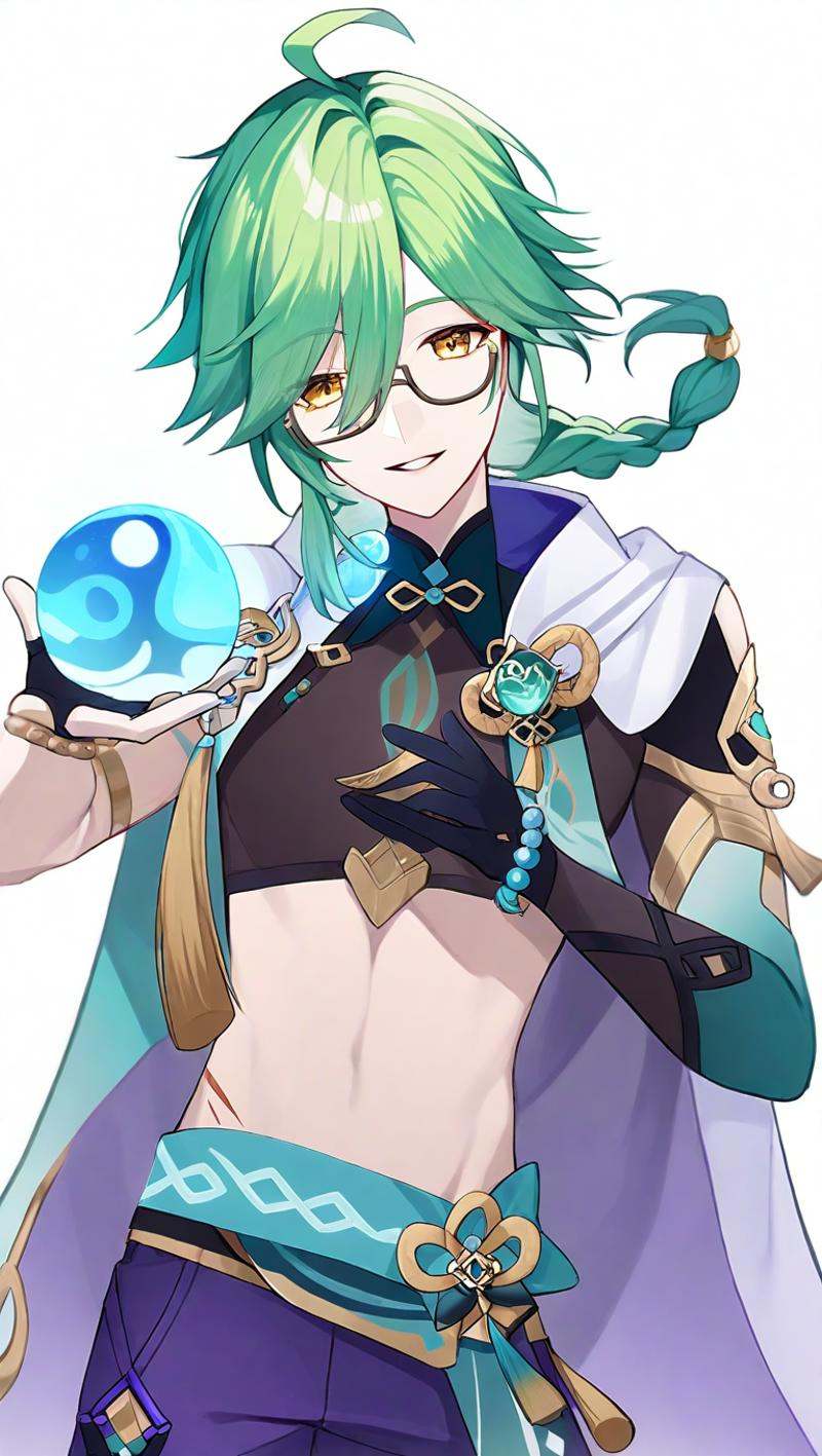 <lora:genshin_all:1>,baizhu \(genshin impact\), 1boy, male focus, green hair, long hair, solo, snake, crop top, white background, glasses, white cape, looking at viewer, simple background, smile, yellow eyes, ahoge, bangs, single braid, purple pants, parted lips, blue pants, bead bracelet, scar, floating object, single hair bun, shirt, orb, black gloves, monocle