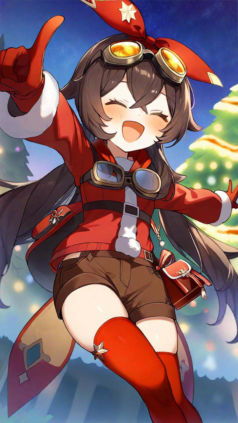<lora:genshin_all:1>,amber \(genshin impact\), amber \(genshin impact\), 1girl, closed eyes, solo, goggles around neck, open mouth, red ribbon, pointing, blush, christmas, outdoors, christmas tree, red thighhighs, night sky, jacket, :d, long sleeves, red gloves, brown shorts