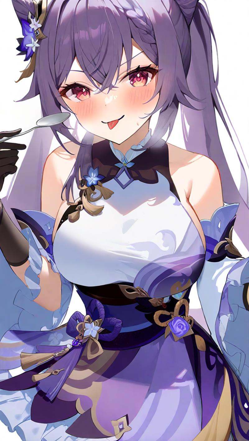 amazing quality,<lora:genshin_all:1>,keqing \(genshin impact\), 1girl, solo, gloves, tongue out, bare shoulders, detached sleeves, looking at viewer, flower, white background, food, smile, dress, blush, hair between eyes, holding spoon, frills, simple background, skirt, wide sleeves