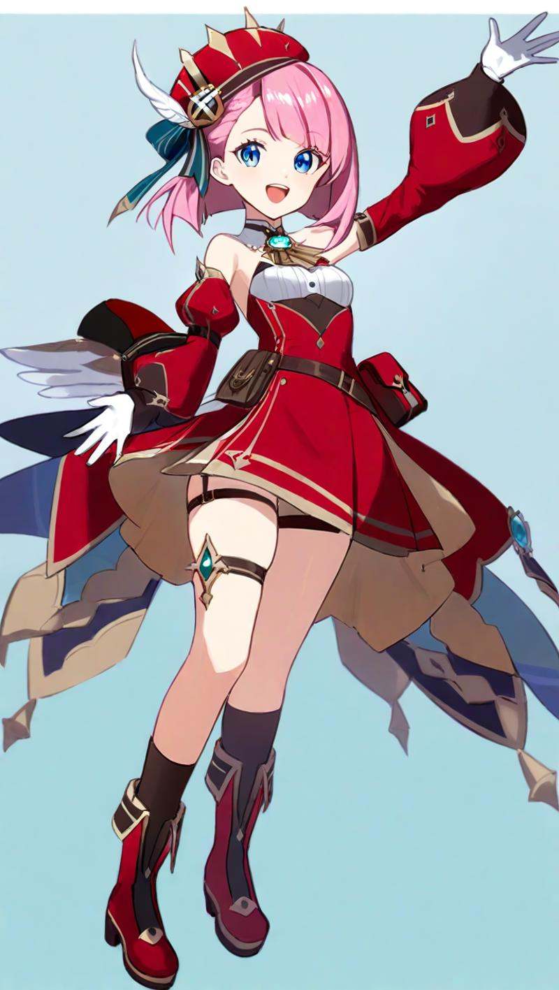 <lora:genshin_all:1>,charlotte \(genshin impact\), 1girl, solo, hat, white background, pink hair, white gloves, detached sleeves, full body, simple background, red footwear, looking at viewer, boots, belt, open mouth, aqua eyes, holding, thigh strap, hat feather, standing, red headwear, bangs, bare shoulders, :d, long sleeves, blue eyes, medium hair, red skirt, belt pouch, dress, small breasts, socks, upper teeth only, waving, book, high-waist skirt, puffy sleeves