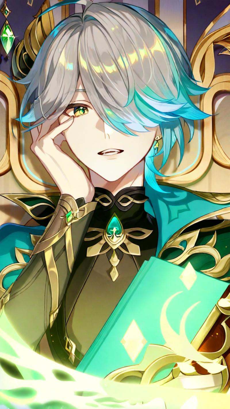 <lora:genshin_all:1>,alhaitham \(genshin impact\), solo, male focus, 1boy, hair over one eye, grey hair, parted lips, black shirt, bangs, looking at viewer, hand up, swept bangs, upper body, ahoge, short hair, holding book, open book, hand on own face, gem, sidelocks, green eyes, gold trim, one eye covered, cape, eyelashes, parted bangs, teeth