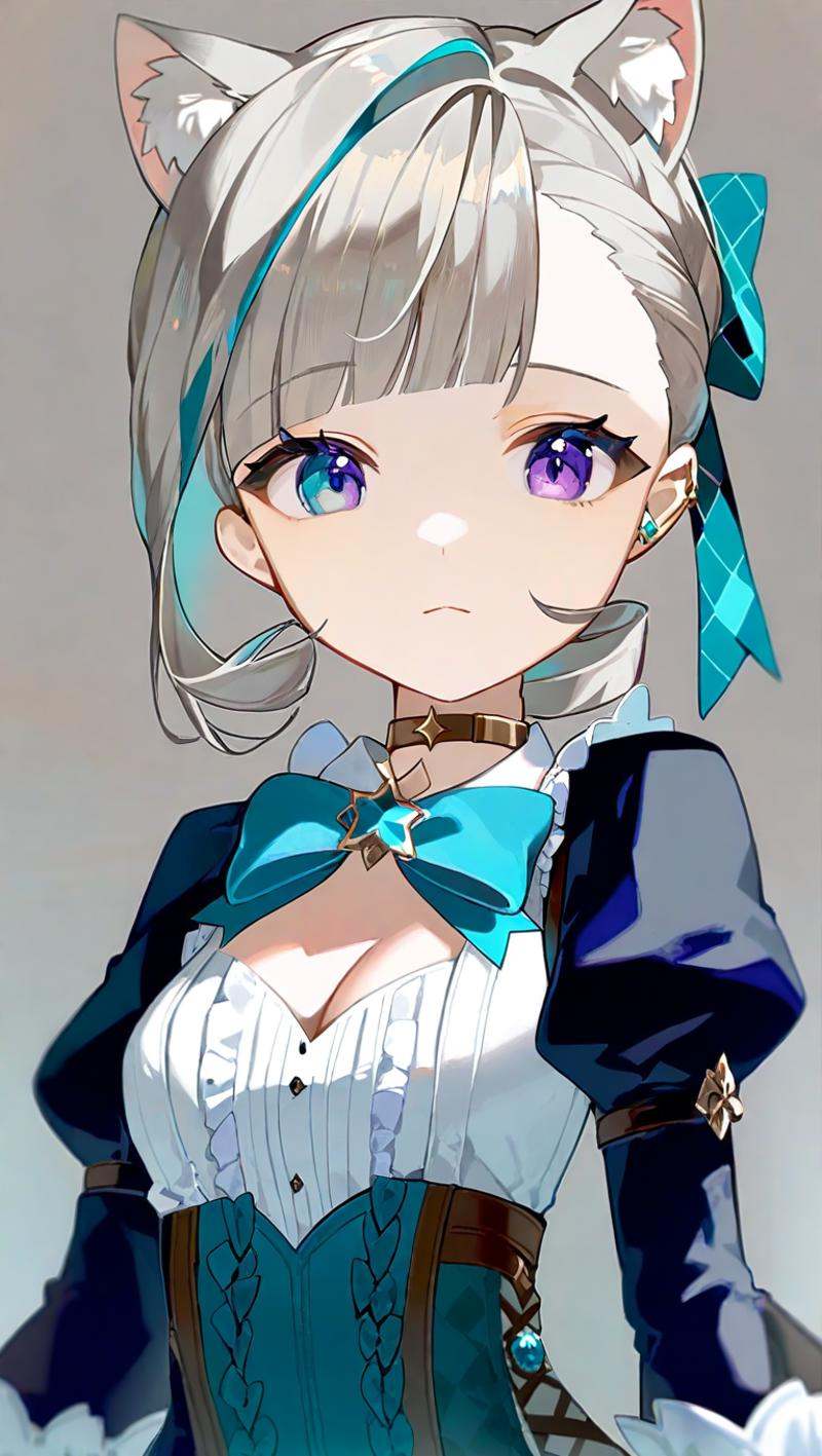lynette \(genshin impact\), 1girl, solo, purple eyes, looking at viewer, cleavage, animal ear fluff, cat ears, grey hair, upper body, bangs, small breasts, closed mouth, short hair, virtual youtuber, long sleeves, white shirt, streaked hair, frills, cleavage cutout, star \(symbol\), blue bow, best quality, detailed, beautiful, beautiful color, <lora:genshin_all:1>, gold choker, juliet sleeves, very long hair, twin drills, gold trim, claw ring, ringlets