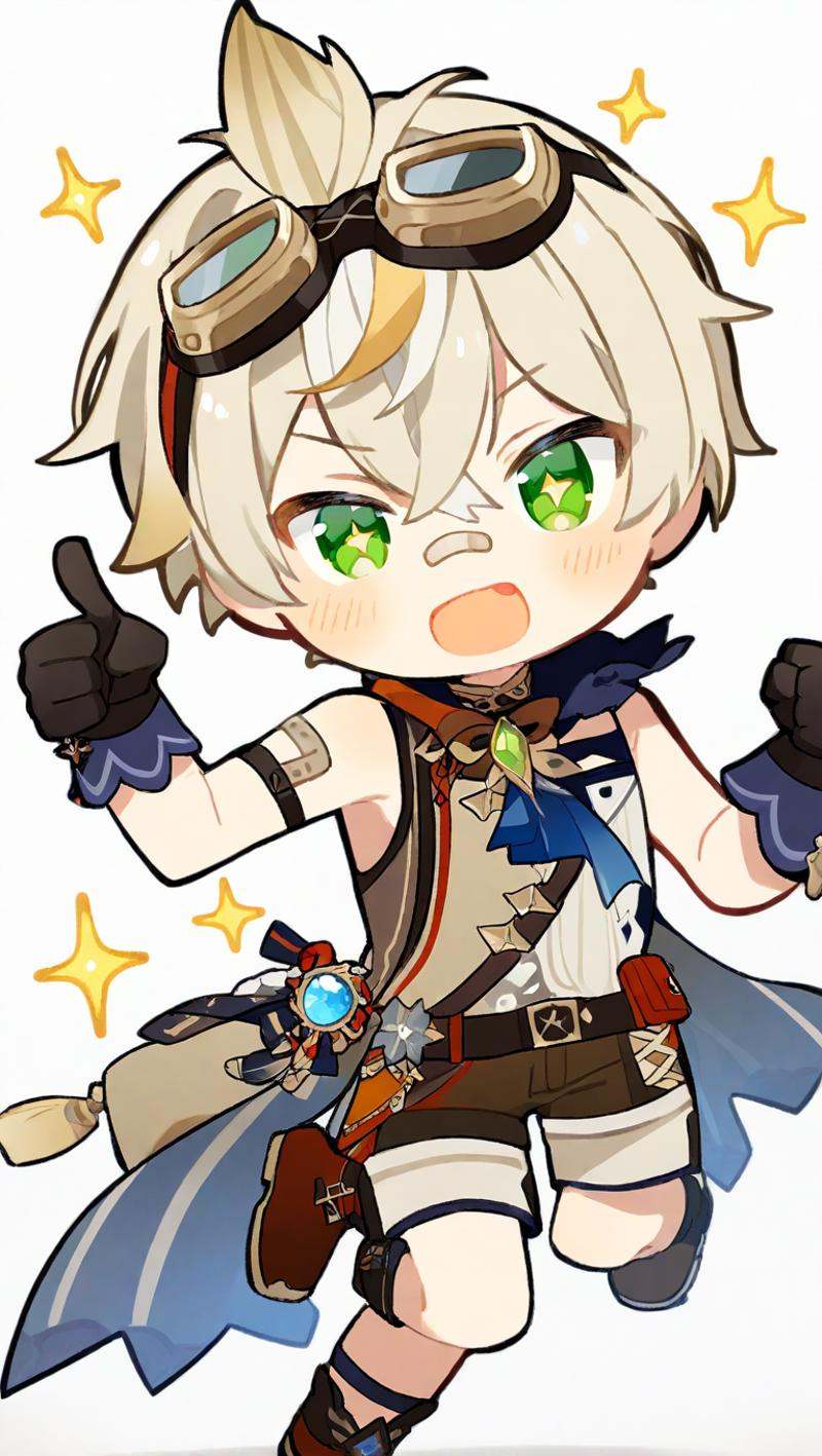 <lora:genshin_all:1>,bennett \(genshin impact\), 1boy, male focus, solo, green eyes, gloves, goggles on head, bandaid on nose, simple background, chibi, shorts, white background, thumbs up, sparkle, open mouth, hair between eyes, bangs, scar, full body, running, sleeveless, white hair, blush