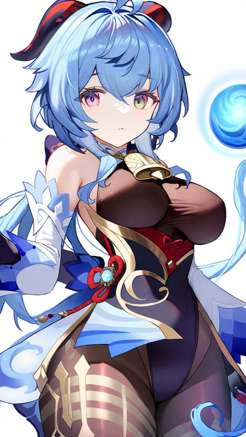 amazing quality,<lora:genshin_all:1>,ganyu \(genshin impact\), 1girl, solo, detached sleeves, looking at viewer, black gloves, gold trim, bare shoulders, neck bell, orb, white sleeves, thighlet, white background, pantyhose, leotard under clothes, bodystocking, standing, magic, multicolored eyes, thighs, cowboy shot
