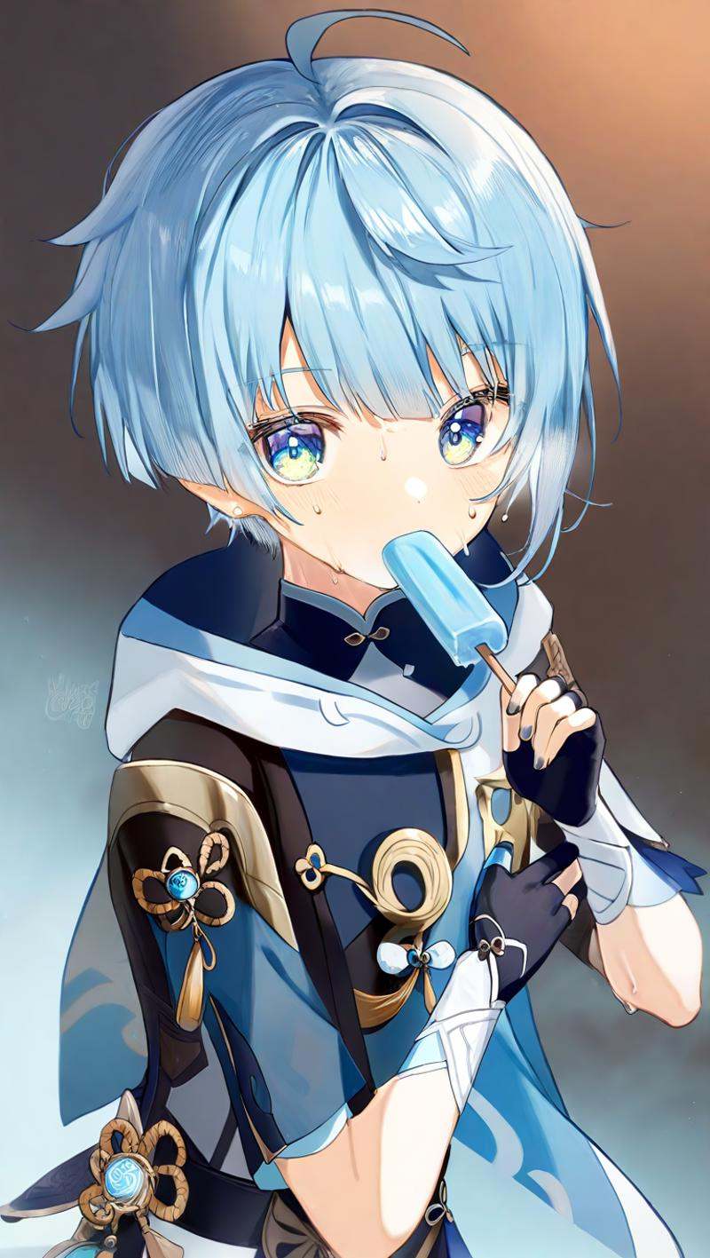 <lora:genshin_all:1>, chongyun \(genshin impact\), 1boy, male focus, popsicle, solo, looking at viewer, fingerless gloves, hood up, vision \(genshin impact\), chinese clothes, holding food, black gloves, signature, eating, sweat