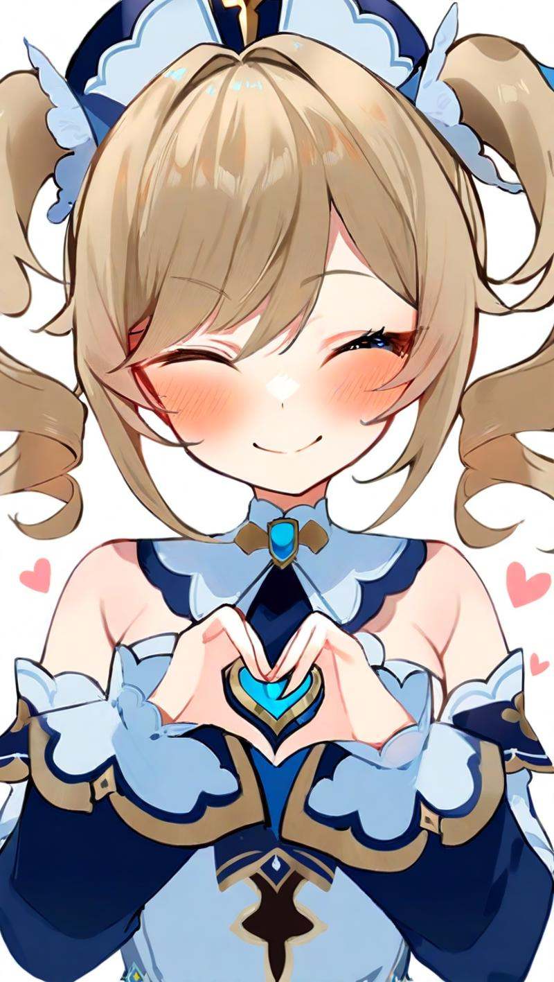 <lora:genshin_all:1>,barbara \(genshin impact\), barbara \(genshin impact\), 1girl, one eye closed, solo, heart hands, smile, white background, simple background, hat, upper body, long sleeves, white dress, looking at viewer, closed mouth, ;\), detached sleeves, blush, twin drills, bare shoulders, white headwear, cropped torso
