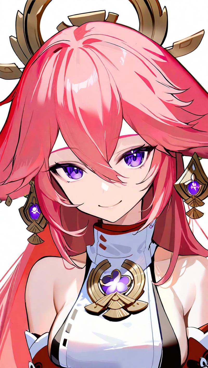 amazing quality,<lora:genshin_all:1>,yae miko,1girl,solo,looking at viewer,smile,white background,upper body,simple background,bare shoulders,detached sleeves,japanese clothes,earrings,closed mouth,