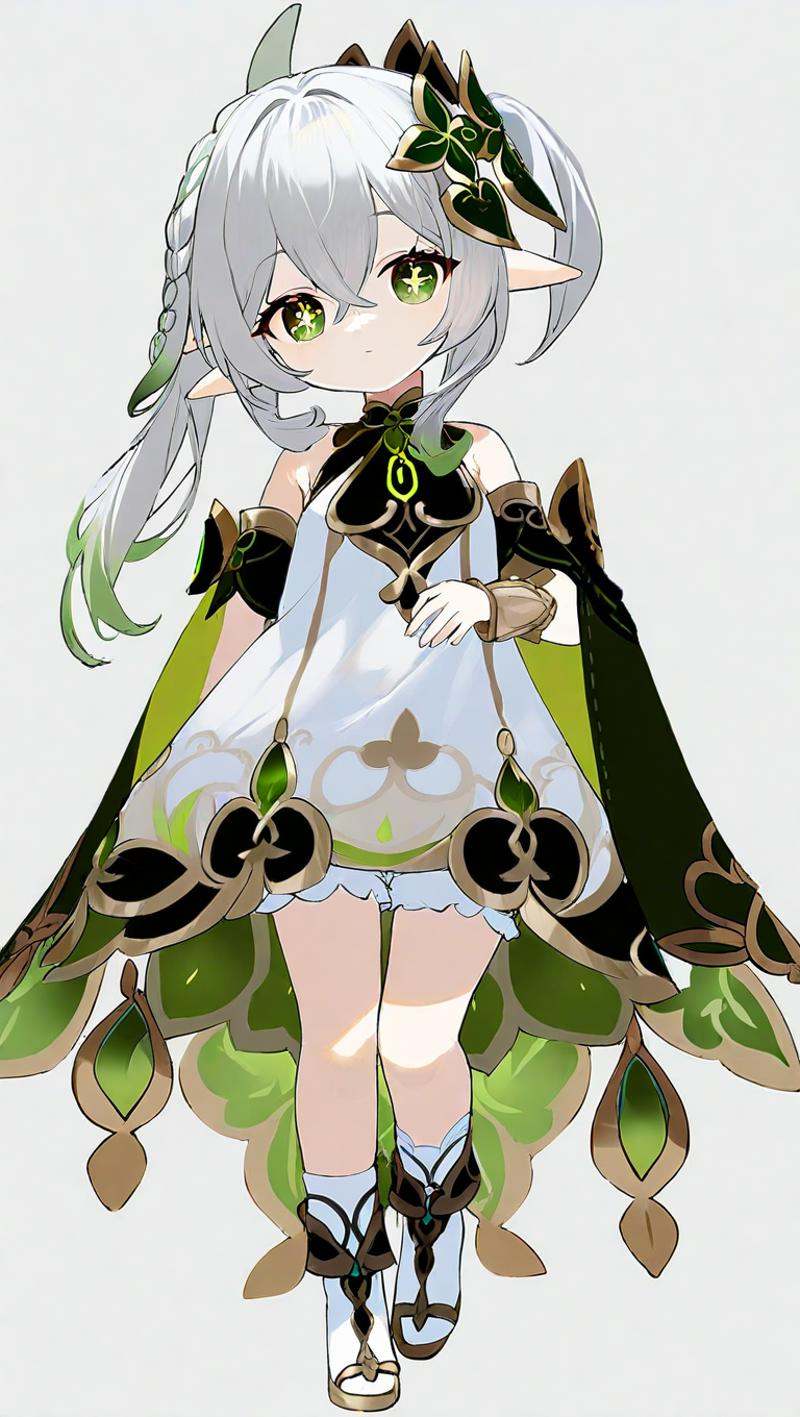 amazing quality,<lora:genshin_all:1>,nahida \(genshin impact\), 1girl, solo, white background, white dress, full body, simple background, looking at viewer, sleeveless dress, standing, cross-shaped pupils, closed mouth, detached sleeves, white bloomers, bare shoulders, braid, white footwear, stirrup legwear, green cape, white socks