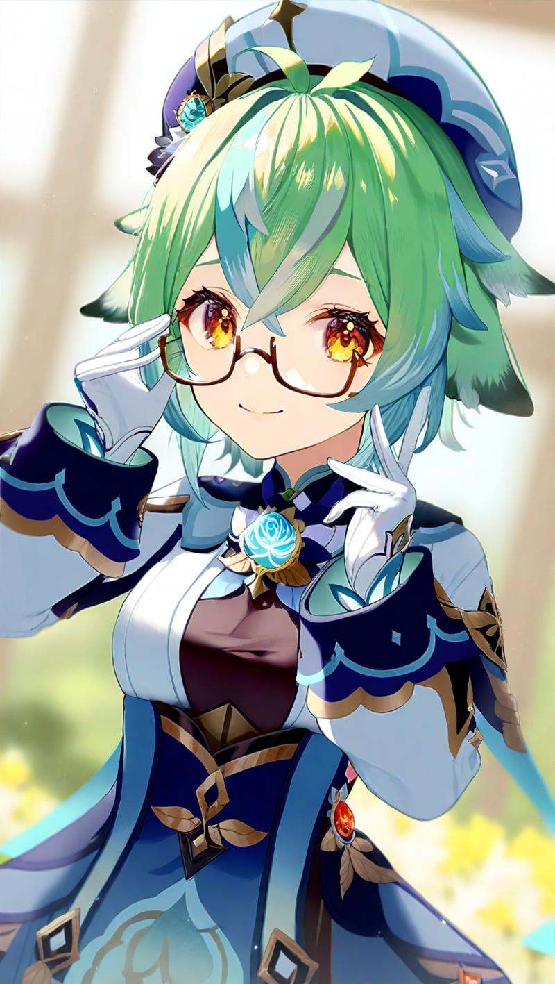 amazing quality,<lora:genshin_all:1>, sucrose \(genshin impact\), 1girl, glasses, solo, vision \(genshin impact\), looking at viewer, semi-rimless eyewear, white gloves, adjusting eyewear, gold trim, upper body, long sleeves, beret, hands up, smile, closed mouth, blue dress, blurry background