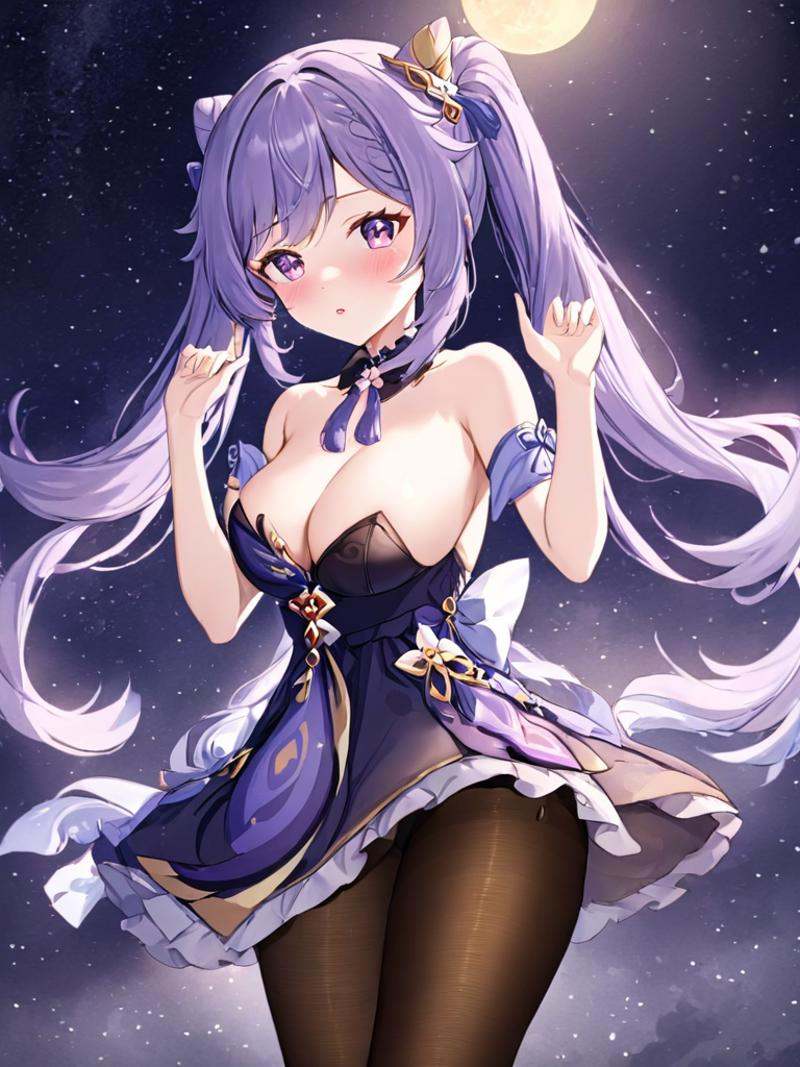 Purple eyes,purple hair,<lora:keqing3x_xl:1>,lifu, 1girl, keqing (genshin impact), breasts, solo, dress, pantyhose, long hair, hair bun, cleavage, bare shoulders, twintails, black dress, looking at viewer, strapless, strapless dress, cone hair bun, parted lips, black pantyhose, ribbon, hair ribbon, bangs, medium breasts, blush, cowboy shot, double bun, hand up, hair ornament, bow, night, two-tone dress, detached collar