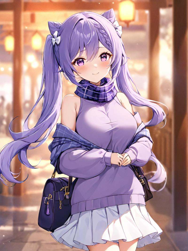 Purple eyes,purple hair,<lora:keqing3x_xl:1>,1girl, keqing (genshin impact), solo, purple sweater, hair bun, skirt, white skirt, scarf, smile, twintails, official alternate costume, purple eyes, long hair, bow, looking at viewer, sweater, hair bow, cone hair bun, bare shoulders, bag, bangs, double bun, long sleeves, breasts, handbag, white bow, plaid scarf, blush, plaid, braid, blurry, casual, medium breasts, shoulder bag, off shoulder, very long hair, long skirt, blurry background, hair between eyes, closed mouth, own hands together, off-shoulder sweater