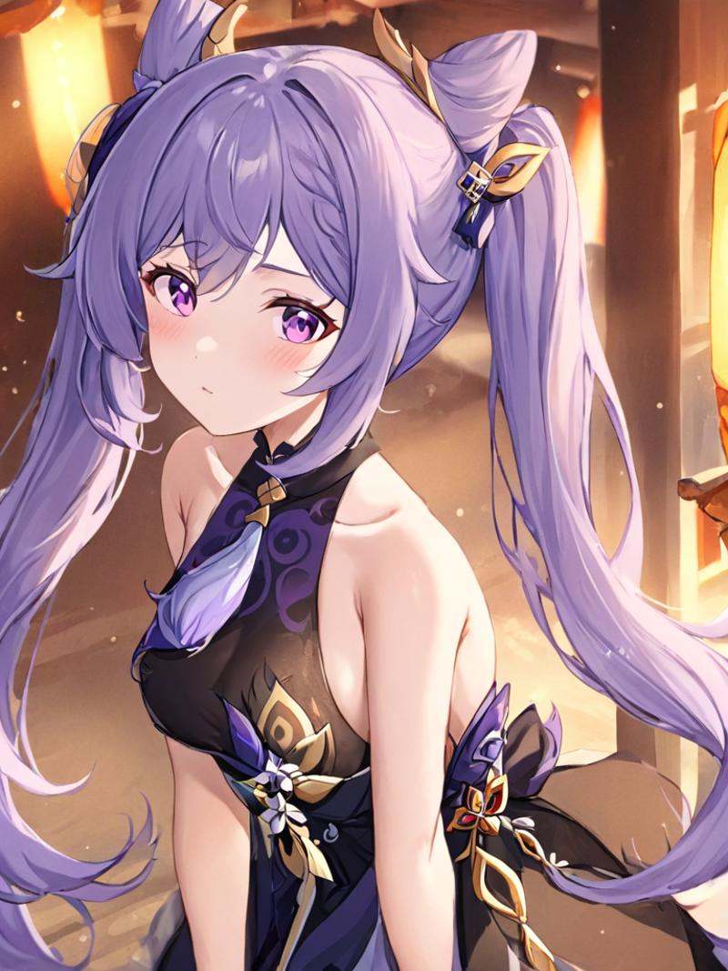 Purple eyes,purple hair,<lora:keqing3x_xl:1>,lifu,1girl,breasts,keqing (genshin impact) ，purple hair ，twintails， hair ornament ，bare shoulders ，cone hair bun ，dress ，hair bun ，black dress ，lifudress ，