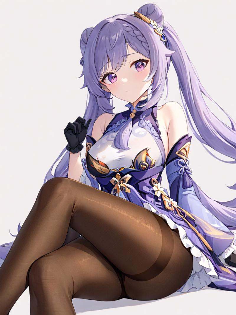 Purple eyes,purple hair,<lora:keqing3x_xl:1>,guanfu,1girl,keqing (genshin impact),solo,gloves,hair bun,pantyhose,cone hair bun,purple hair,hair ornament,twintails,looking at viewer,long hair,purple eyes,crossed legs,bare shoulders,sitting,dress,detached sleeves,braid,frills,breasts,black pantyhose,pout,bangs,brown pantyhose,white background,head rest,double bun,black gloves,:t,frilled sleeves,two-tone background,