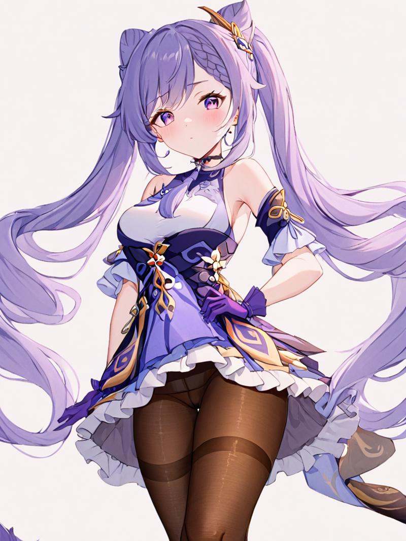 Purple eyes,purple hair,<lora:keqing3x_xl:1>,guanfu,1girl,keqing (genshin impact),solo,gloves,twintails,purple hair,hair bun,pantyhose,looking at viewer,hair ornament,long hair,white background,cone hair bun,breasts,simple background,purple eyes,bare shoulders,detached sleeves,neck tassel,jewelry,skirt,dress,earrings,bangs,braid,blush,frills,cowboy shot,black pantyhose,brown pantyhose,frilled skirt,choker,closed mouth,double bun,purple gloves,medium breasts,hand on hip,