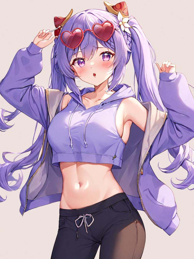 Purple eyes,purple hair,<lora:keqing3x_xl:1>,1girl, keqing (genshin impact), solo, candy, navel, lollipop, food, cone hair bun, looking at viewer, long hair, hair bun, hair ornament, twintails, pants, midriff, black pants, stomach, long sleeves, heart-shaped eyewear, heart, mouth hold, hood, hair flower, flower, arm up, hoodie, eyewear on head, crop top, sunglasses, cowboy shot, simple background, breasts, collarbone, purple hoodie, double bun, blush, alternate costume, drawstring, bangs, crop top overhang, casual, braid