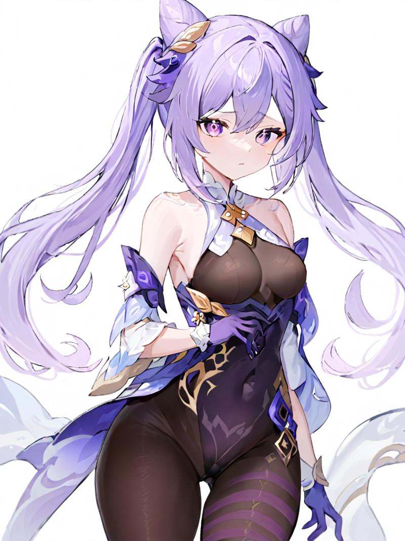 (\ke qing\),bp-keqing,1girl,solo,keqing (genshin impact),breasts,pantyhose,hair bun,purple hair,gloves,purple eyes,long hair,cone hair bun,twintails,looking at viewer,black pantyhose,white background,detached sleeves,bare shoulders,<lora:keqingx2_xl:1>,