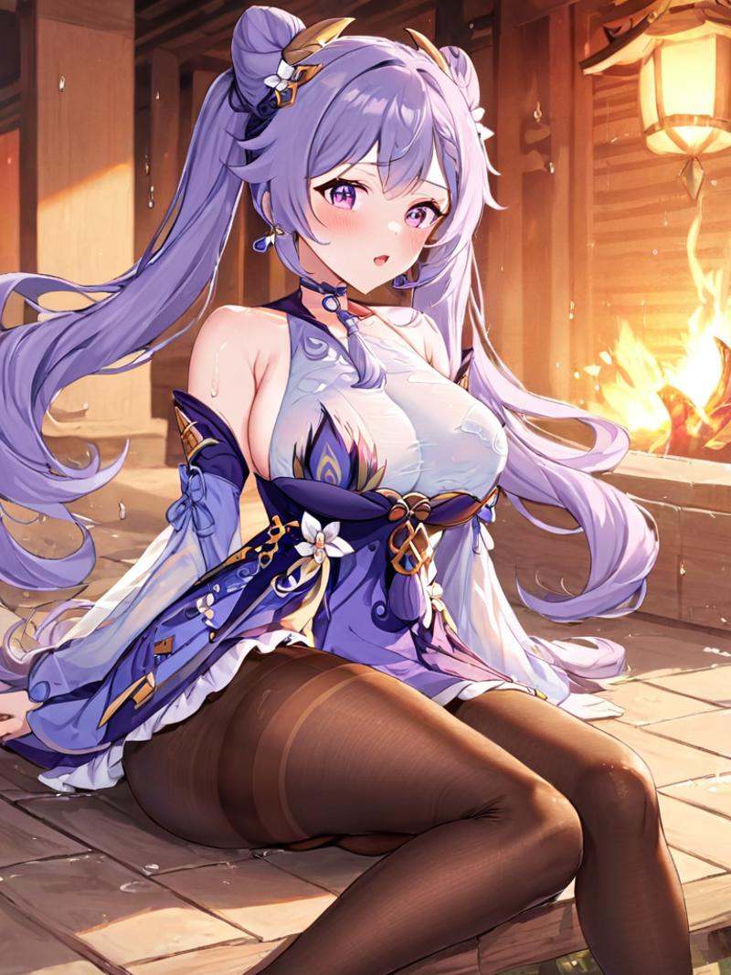 Purple eyes,purple hair,<lora:keqing3x_xl:1>,guanfu,1girl,breasts,keqing (genshin impact),solo,wet,long hair,large breasts,looking at viewer,purple hair,pantyhose,hair bun,cone hair bun,hair ornament,earrings,purple eyes,jewelry,bare shoulders,dress,sitting,detached sleeves,wet clothes,bangs,brown pantyhose,hair bow,twintails,open mouth,flower,double bun,purple dress,black pantyhose,see-through,choker,blush,bow,
