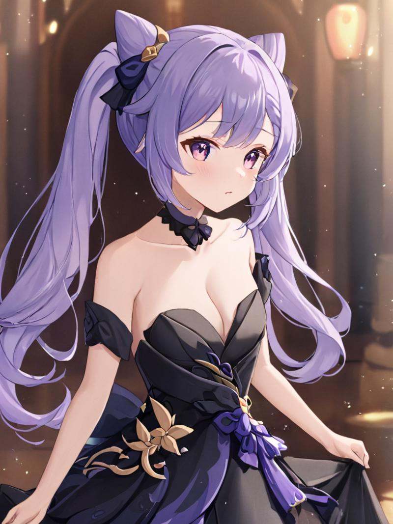 <lora:keqing3:1>,keqing (genshin impact),purple hair,twintails,hair ornament,bare shoulders,cone hair bun,hair bun,lifu,black dress,strapless dress,