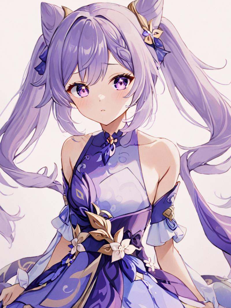 keqing (genshin impact),purple eyes,purple hair,twintails,hair ornament,bare shoulders,dress,hair bun,detached sleeves,<lora:keqing3:1>,