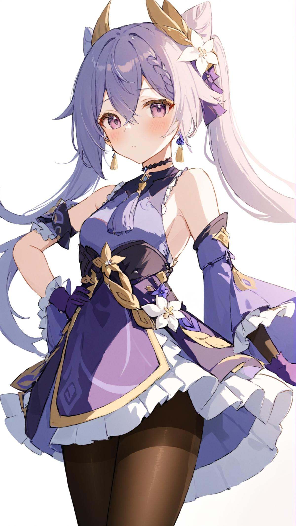 1girl, keqing \(genshin impact\), solo, breasts, gloves, looking at viewer, white background, bare shoulders, detached sleeves, hand on hip, pantyhose, neck tassel, simple background, flower, sideboob, medium breasts, blush, dress, braid, closed mouth, skirt, hair flower, cowboy shot, frills, jewelry, armpits, earrings, choker, purple gloves, frilled sleeves, black pantyhose, wide sleeves, hair between eyes, purple dress,<lora:keqing:0.8>,