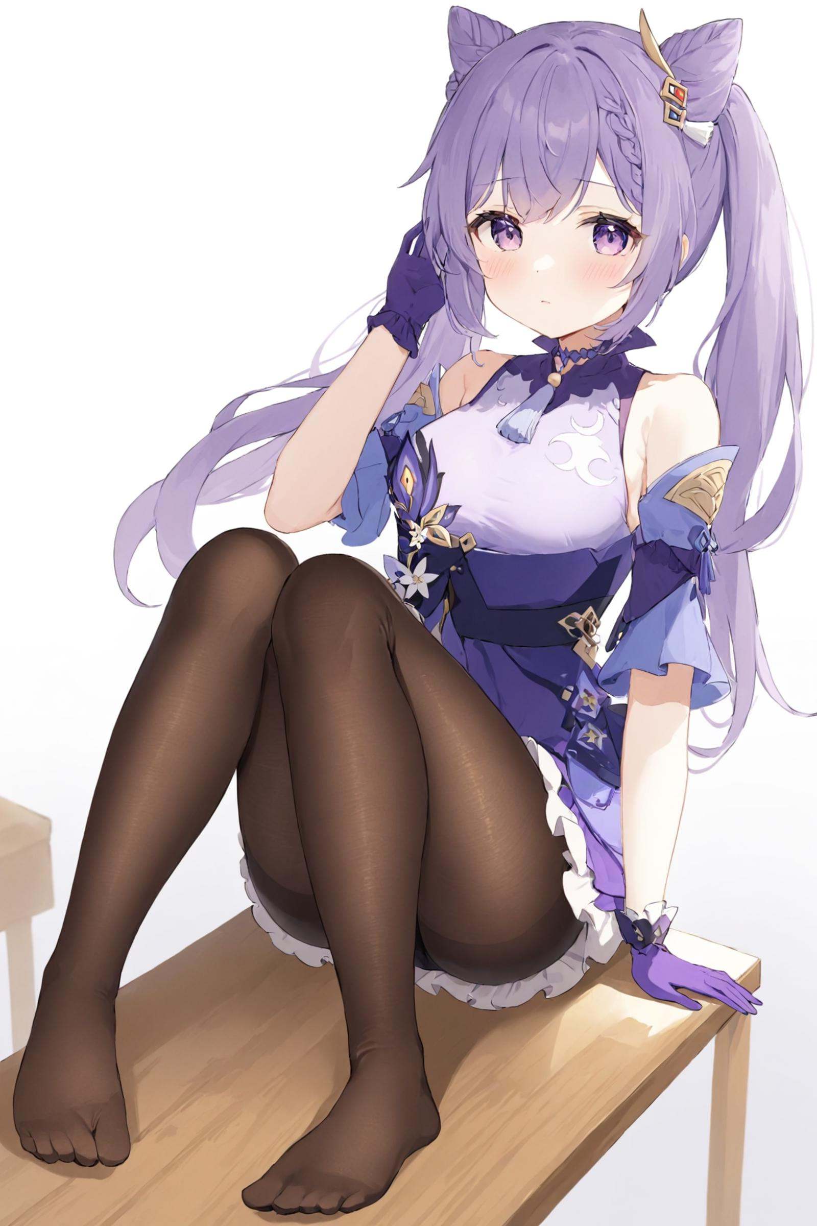 1girl,keqing (genshin impact),solo,pantyhose,gloves,purple hair,hair bun,cone hair bun,twintails,no shoes,hair ornament,looking at viewer,sitting,long hair,blush,bare shoulders,purple eyes,breasts,dress,purple gloves,brown pantyhose,detached sleeves,bangs,black pantyhose,medium breasts,white background,hand up,frills,feet,closed mouth,full body,purple dress,neck tassel,simple background,braid,knees up,frilled dress,legs,double bun,skirt,wooden floor,<lora:keqing:0.8>,