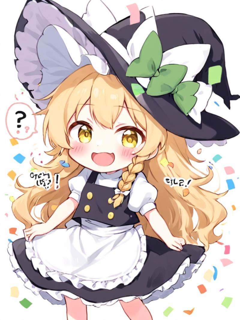 <lora:kirisame_marisa:1>,1girl, solo, kirisame_marisa, witch_hat, chibi, hat, blonde_hair, long_hair, braid, open_mouth, yellow_eyes, bow, short_sleeves, apron, waist_apron, ?, single_braid, white_bow, black_vest, hat_bow, green_bow, black_headwear, smile, hair_bow, :d, standing, vest, shirt, white_shirt, blush_stickers, white_apron, buttons, puffy_sleeves, emphasis_lines, full_body, puffy_short_sleeves, skirt, drooling, confetti, white_background