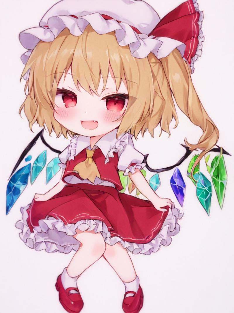 <lora:芙兰朵露:1>,1girl, flandre_scarlet, blonde_hair, solo, wings, hat, red_vest, white_headwear, mob_cap, short_sleeves, ascot, yellow_ascot, red_ribbon, shirt, puffy_short_sleeves, white_shirt, puffy_sleeves, red_skirt, skirt, vest, white_background, closed_mouth, ribbon, red_eyes, hat_ribbon, fang, ribbon-trimmed_headwear, simple_background, frills, crystal, laevatein_\(touhou\), chibi, looking_at_viewer, multicolored_wings, collared_shirt, ribbon_trim, v-shaped_eyebrows, jewelry, blush, smile, red_footwear, frilled_skirt, bow, full_body, short_hair, medium_hair, fang_out, side_ponytail, frilled_shirt_collar, one_side_up