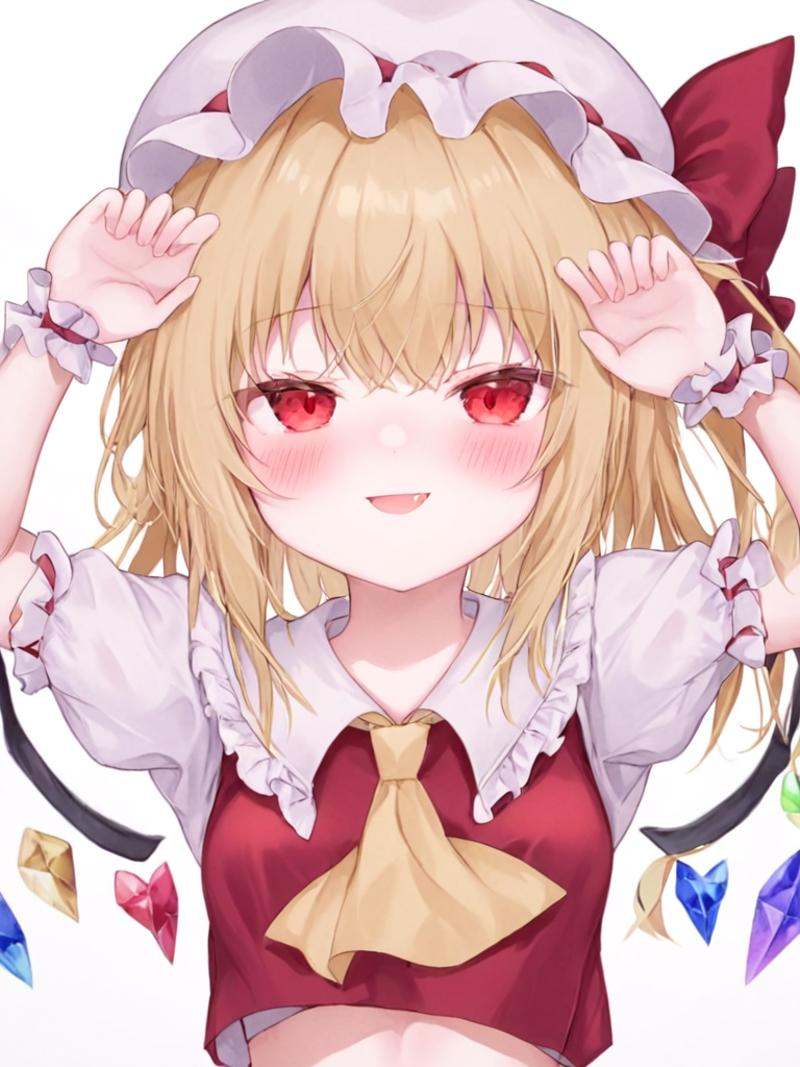 <lora:芙兰朵露:1>,1girl, solo, flandre_scarlet, hat, blonde_hair, wings, white_background, simple_background, upper_body, mob_cap, red_eyes, looking_at_viewer, heart, ascot, short_sleeves, white_headwear, fang, yellow_ascot, vest, puffy_short_sleeves, wrist_cuffs, blush, puffy_sleeves, red_vest, smile, red_bow, bangs, hat_bow, closed_mouth, one_side_up, bow, shirt, crystal, cropped_torso, white_shirt, long_hair, hands_up, fang_out, skin_fang