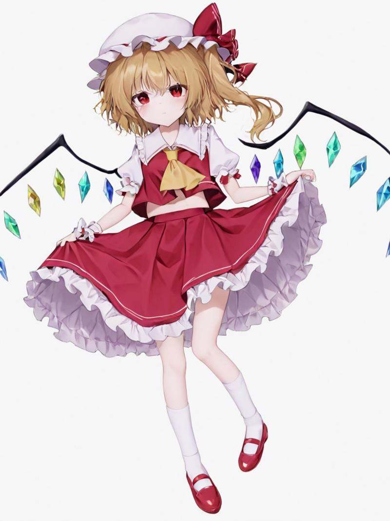 <lora:芙兰朵露:1>,1girl, flandre_scarlet, hat, skirt, solo, red_vest, mob_cap, blonde_hair, vest, short_sleeves, shirt, puffy_sleeves, wings, red_skirt, red_eyes, ascot, hat_ribbon, crystal, puffy_short_sleeves, white_background, frilled_shirt_collar, red_footwear, red_ribbon, frills, white_shirt, simple_background, ribbon, frilled_sleeves, one_side_up, wrist_cuffs, yellow_ascot, shoes, mary_janes, full_body, skirt_set, collared_shirt, medium_hair, frilled_skirt, white_headwear, white_socks, socks, bow, buttons, frilled_shirt