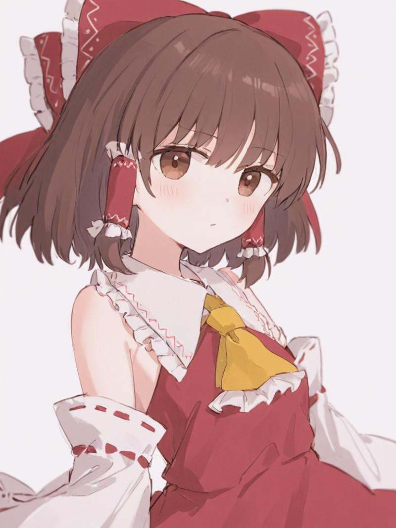 <lora:傅丽灵梦:1>,1girl, solo, hakurei_reimu, detached_sleeves, collared_dress, hair_tubes, bangs, bow, white_background, ascot, red_bow, dress, simple_background, wide_sleeves, closed_mouth, red_dress, brown_eyes, frills, yellow_ascot, hair_ornament, bare_shoulders, long_sleeves, sarashi, brown_hair, short_hair, hair_bow, standing, looking_at_viewer, looking_to_the_side, white_sleeves, eyes_visible_through_hair, ribbon_trim, ribbon-trimmed_sleeves, collar