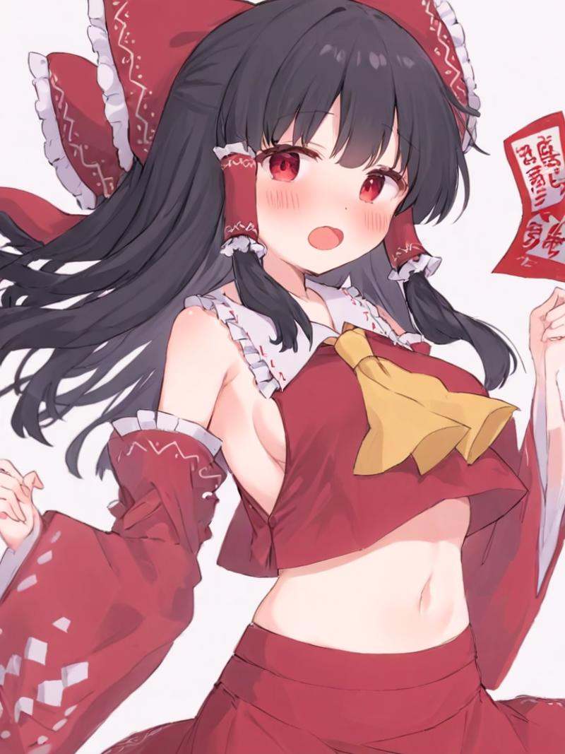<lora:傅丽灵梦:1>,1girl, hakurei_reimu, solo, bow, red_bow, hair_bow, navel, long_hair, red_eyes, detached_sleeves, simple_background, hair_tubes, white_background, ofuda, black_hair, red_skirt, skirt, ascot, sarashi, midriff, holding, looking_at_viewer, wide_sleeves, yellow_ascot, blush, :o, bangs, open_mouth, frilled_bow, sidelocks, frills, bare_shoulders, breasts, upper_body, nontraditional_miko, shirt, frilled_hair_tubes, red_shirt