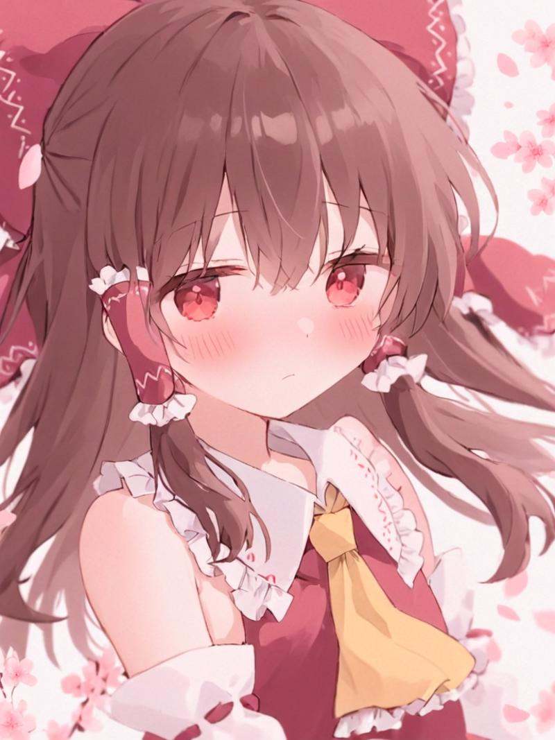 <lora:傅丽灵梦:1>,1girl, solo, hakurei_reimu, bow, hair_tubes, red_bow, brown_hair, red_eyes, detached_sleeves, hair_bow, long_hair, simple_background, blush, upper_body, bangs, ascot, pink_flower, flower, hair_between_eyes, yellow_ascot, looking_at_viewer, frills, bare_shoulders, petals, cherry_blossoms, frilled_bow, frilled_hair_tubes, white_background, white_sleeves