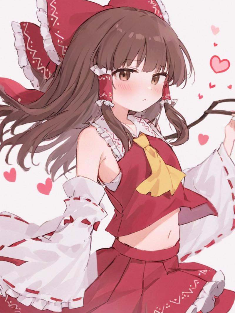 <lora:傅丽灵梦:1>,1girl,solo,hakurei_reimu,brown_hair,bow,hair_tubes,hair_bow,red_bow,long_hair,detached_sleeves,skirt,brown_eyes,white_background,simple_background,ribbon_trim,ribbon-trimmed_sleeves,gohei,red_skirt,ascot,wide_sleeves,frills,blush,frilled_hair_tubes,looking_at_viewer,yellow_ascot,closed_mouth,frilled_bow,holding,bare_shoulders,nontraditional_miko,sidelocks,feet_out_of_frame,white_sleeves,bangs,vest,=3,pout,red_vest,heart,shirt,long_sleeves,
