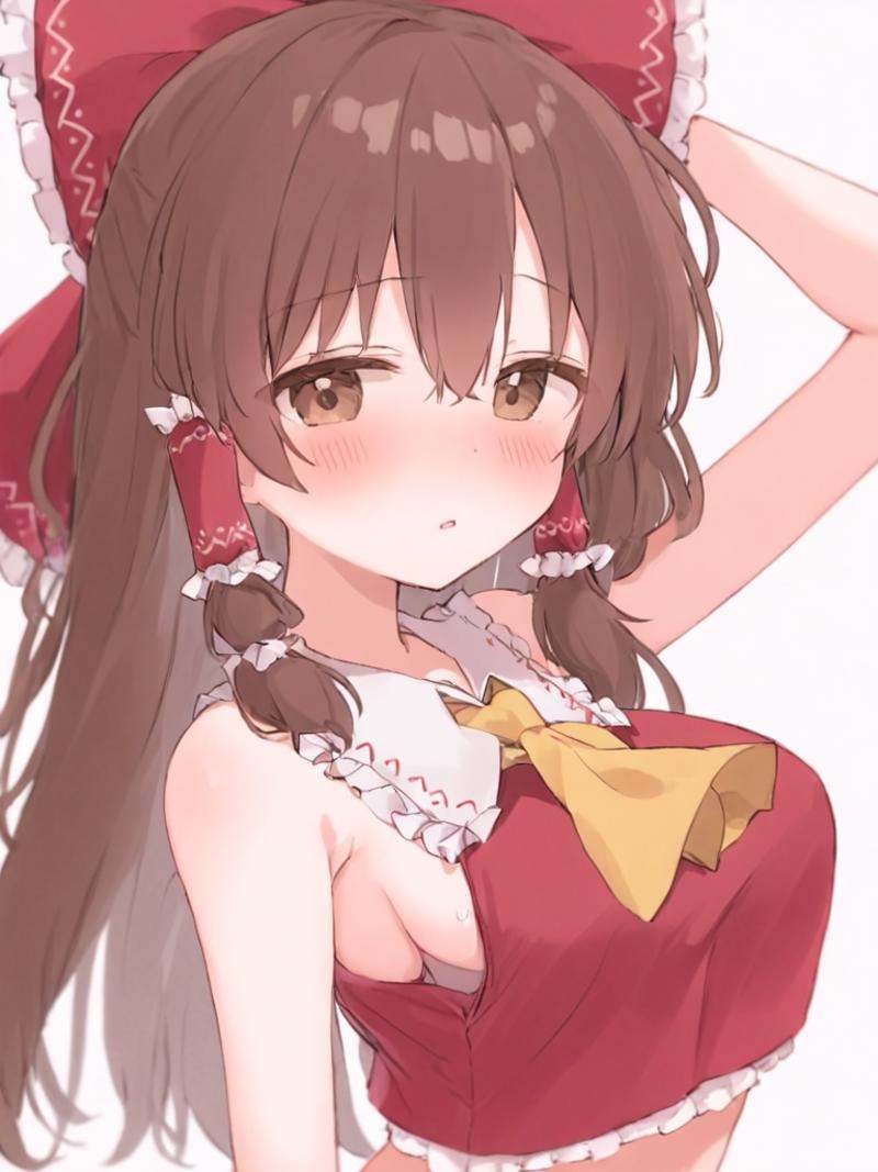 <lora:傅丽灵梦:1>,1girl, solo, hakurei_reimu, brown_hair, hair_tubes, navel, long_hair, brown_eyes, bow, red_bow, hair_bow, ascot, blush, upper_body, yellow_ascot, sleeveless, red_shirt, red_skirt, looking_at_viewer, white_background, sarashi, hair_between_eyes, simple_background, shirt, skirt, midriff, parted_lips, bangs, sleeveless_shirt, sidelocks, frills, frilled_bow, bare_shoulders, arm_up, breasts