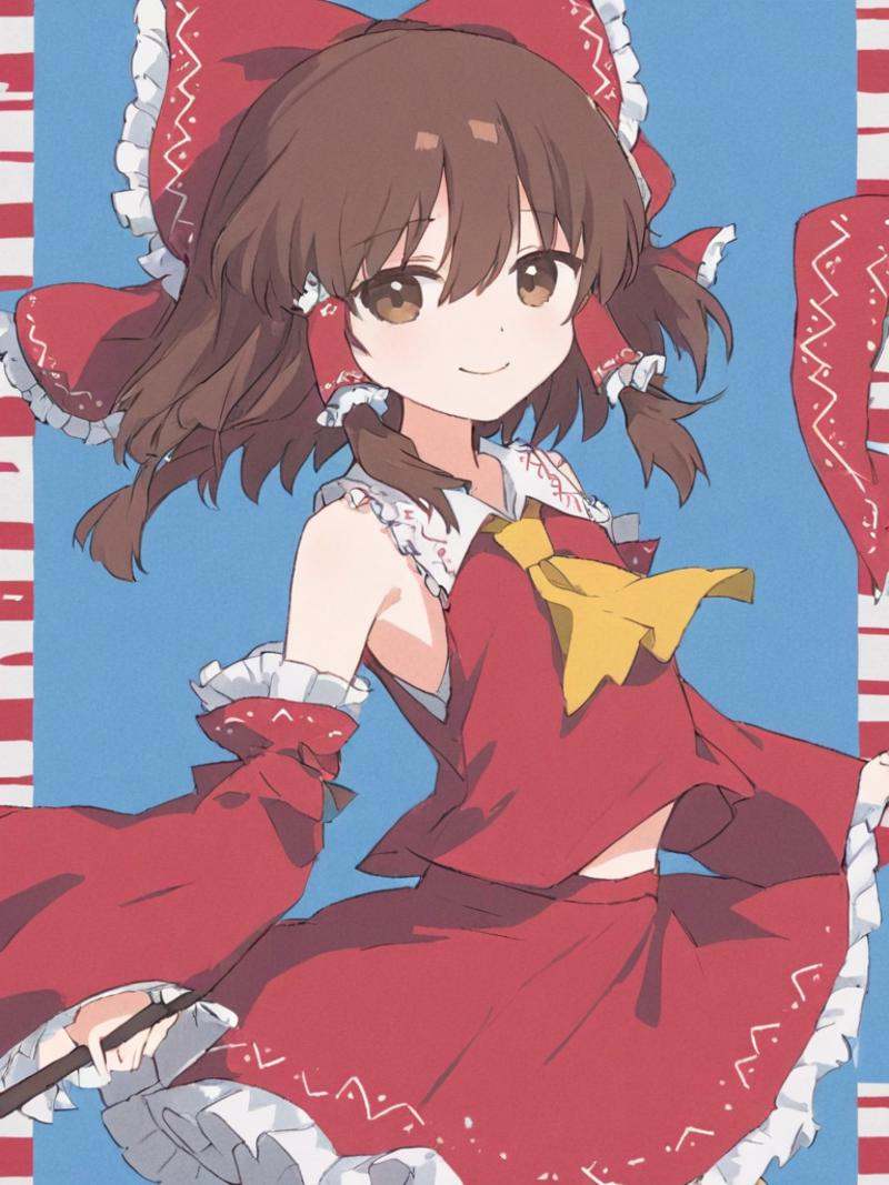 <lora:傅丽灵梦:1>,1girl, hakurei_reimu, solo, brown_hair, bow, gohei, detached_sleeves, hair_tubes, brown_eyes, red_bow, ascot, hair_bow, red_skirt, smile, skirt, yellow_ascot, sarashi, ribbon_trim, looking_at_viewer, closed_mouth, ribbon-trimmed_sleeves, bare_shoulders, frills, hair_between_eyes, bangs, wide_sleeves, striped, striped_background, holding, medium_hair, red_vest, shirt, blue_background, red_shirt, long_sleeves, vest, standing, frilled_bow
