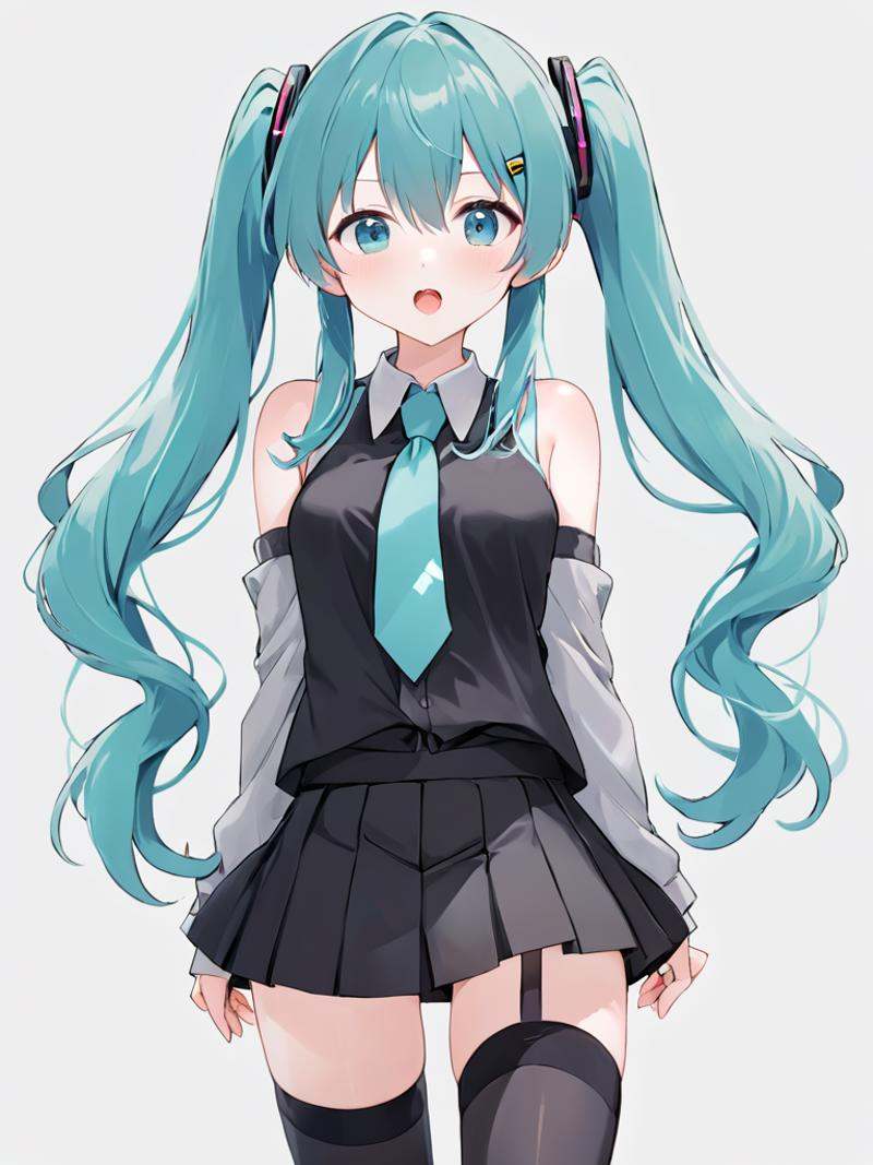 1girl, solo, hatsune miku, long hair, skirt, thighhighs, twintails, shirt, detached sleeves, very long hair, necktie, white background, black skirt, looking at viewer, sleeveless shirt, pleated skirt, black thighhighs, grey shirt, sleeveless, headphones, zettai ryouiki, bare shoulders, tattoo, simple background, aqua hair, black sleeves, hair ornament, miniskirt, aqua eyes, parted lips, collared shirt, aqua necktie, shoulder tattoo, head rest, open mouth, long sleeves, bangs