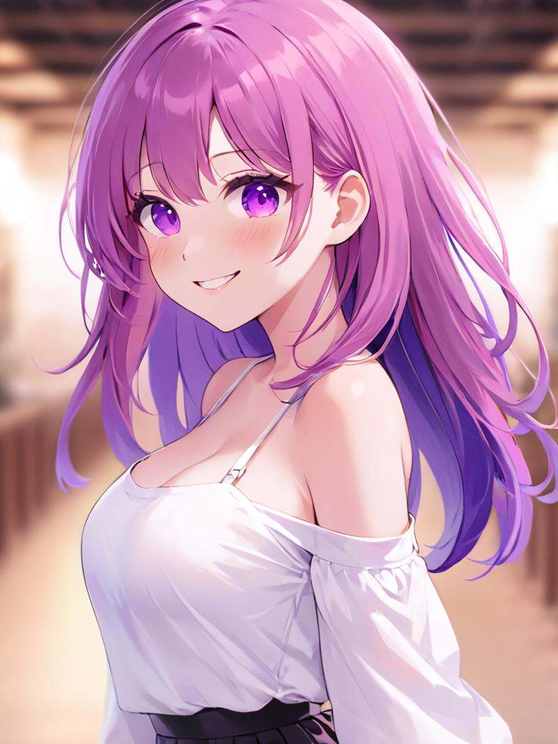 1girl, solo, smile, looking at viewer, breasts, arms behind back, bangs, long hair, blurry background, purple hair, virtual youtuber, signature, bare shoulders, detached sleeves, upper body, shirt, skirt, pink eyes, white shirt, blurry, from side, purple eyes, grin, large breasts, pink hair, long sleeves, parted lips