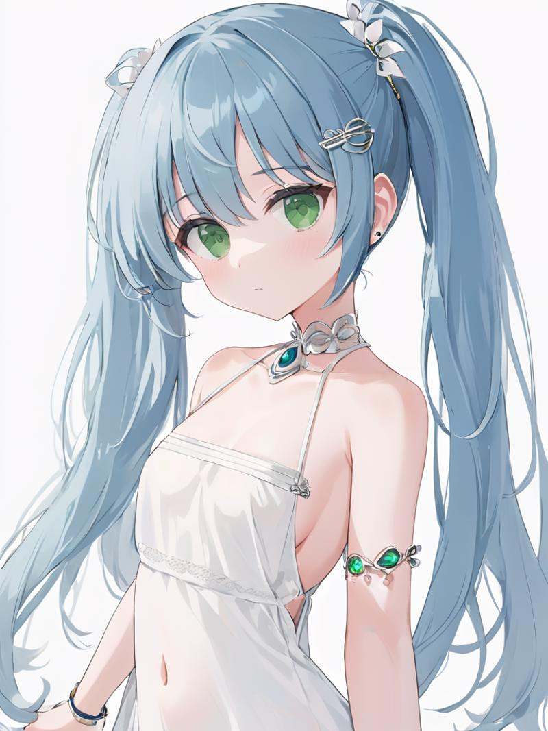 1girl,solo,dress,long hair,breasts,twintails,green eyes,white background,hair ornament,white dress,jewelry,sideboob,looking at viewer,simple background,bangs,bracelet,closed mouth,x hair ornament,blue hair,bare shoulders,small breasts,nail polish,hair between eyes,ring,