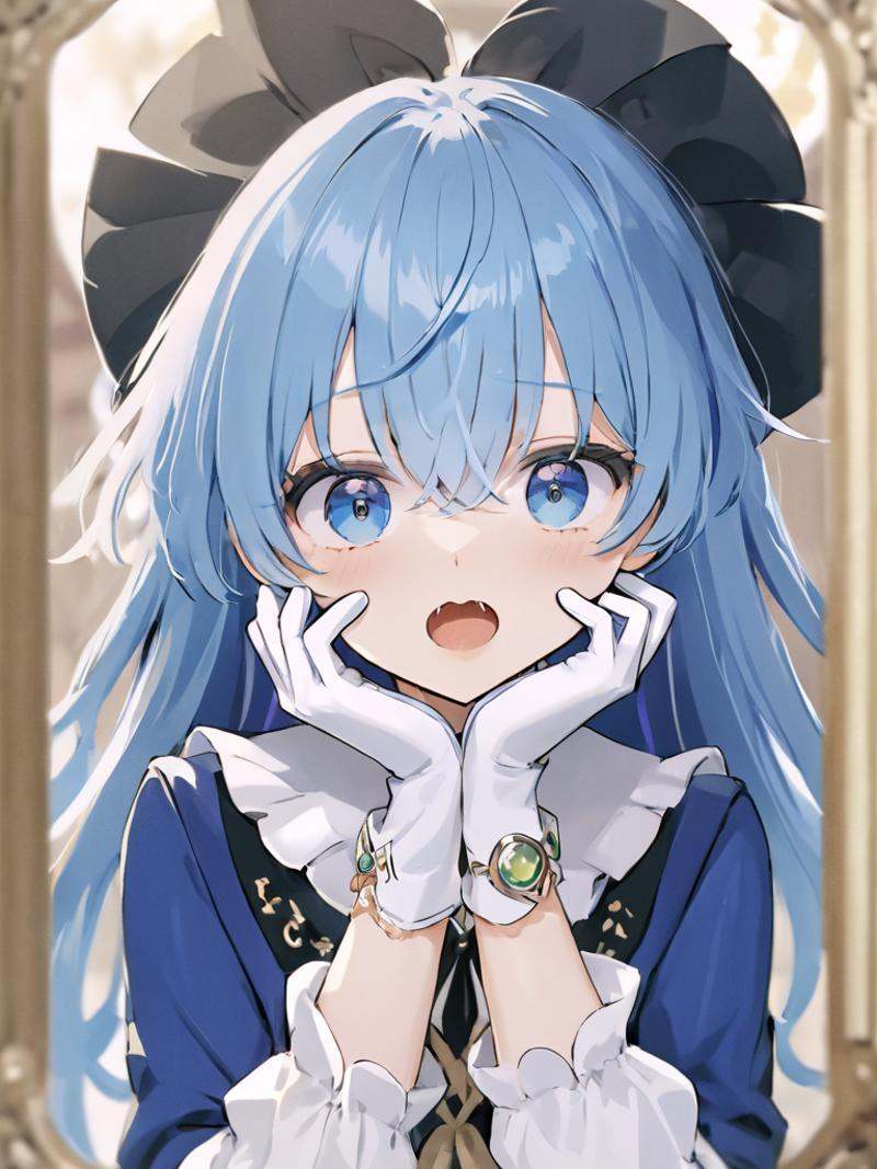 1girl,gloves,solo,blue eyes,blue hair,open mouth,white gloves,looking at viewer,long sleeves,hair between eyes,jewelry,bangs,ascot,blurry,upper body,:o,card,hand on own face,