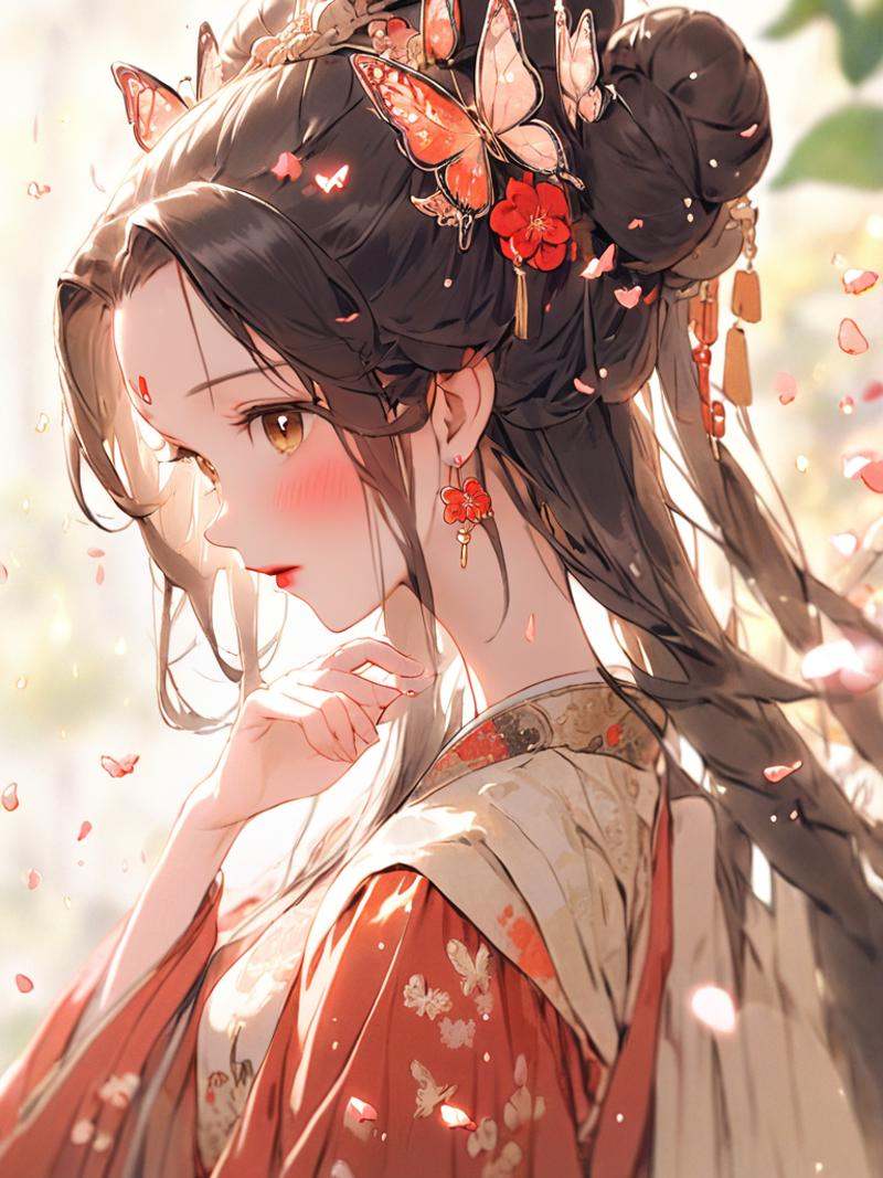 <lora:huimou_xl:1>, (\hui mou\), 1girl, solo, hair ornament, jewelry, earrings, petals, flower, upper body, long hair, chinese clothes, long sleeves, blurry, hair flower, falling petals, bug, black hair, butterfly, blurry background, hand up, dress, hanfu, forehead mark, light particles, hair bun, facial mark, from side, brown eyes, closed mouth, brown hair, red lips, eyelashes, blush