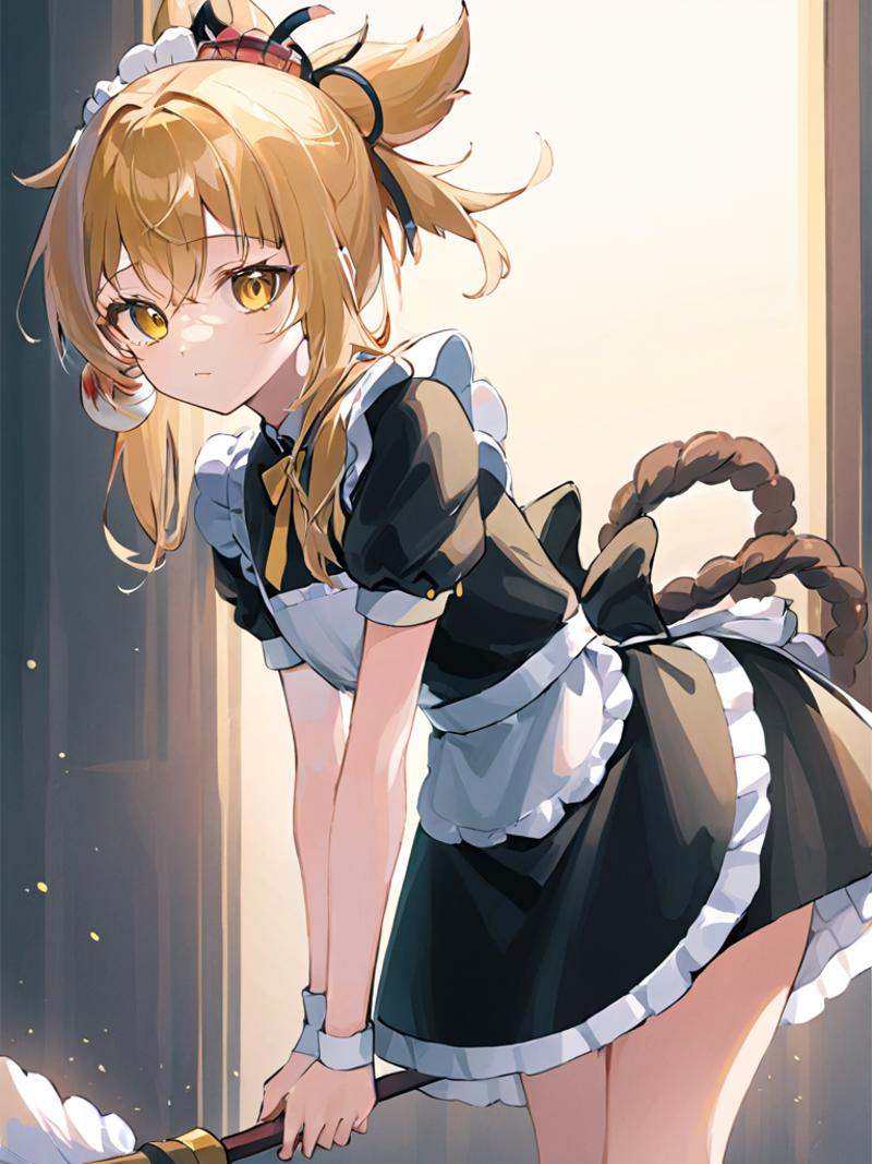 ultra-detailed,(best quality),((masterpiece)),(highres),original,extremely,<lora:xiaogongx_xl:1>,(\xiao gong\),blonde hair,bangs,yellow eyes,Maid attire,sideways,full body,