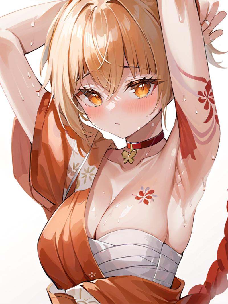 ultra-detailed,(best quality),((masterpiece)),(highres),original,extremely,<lora:xiaogongx_xl:1>,(\xiao gong\),1girl, armpits, breasts, solo, blush, blonde hair, looking at viewer, orange kimono, arms up, japanese clothes, kimono, cleavage, arm tattoo, sweat, red choker, upper body, bandages, arms behind head, white background, simple background, hair between eyes, bangs, chest tattoo, yellow eyes, orange eyes, medium breasts, closed mouth, presenting armpit