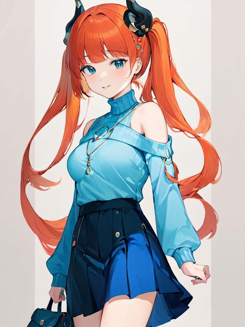 ultra-detailed,(best quality),((masterpiece)),(highres),original,extremely,<lora:nilou2x_xl:1>,nilou,1girl,solo,skirt,smile,looking at viewer,long sleeves,alternate costume,breasts,hair ornament,contemporary,blush,bag,jewelry,turtleneck,blue skirt,closed mouth,sweater,handbag,casual,necklace,medium breasts,turtleneck sweater,aqua eyes,low twintails,shoulder bag,very long hair,shirt,sidelocks,hairclip,blue sweater,cowboy shot,high-waist skirt,horns,<lora:ayaka:1>,