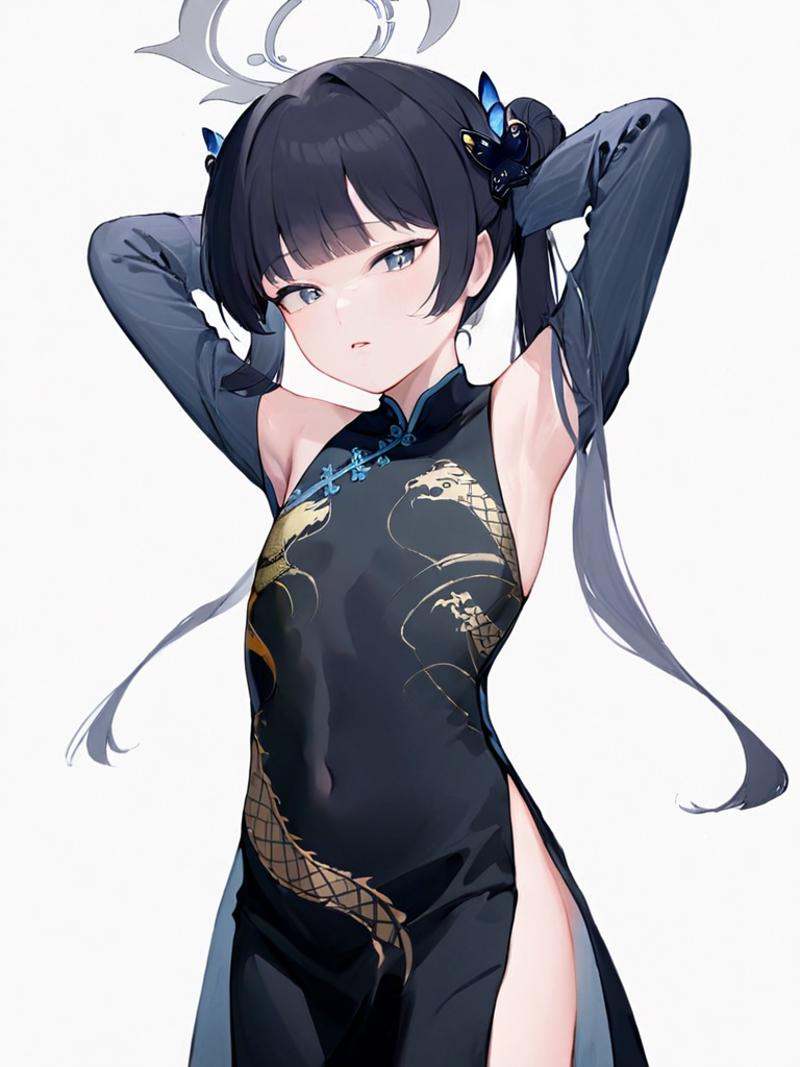 ultra-detailed,(best quality),((masterpiece)),(highres),original,extremely,<lora:feixiaox_xl:1>,feixiao,1girl,solo,halo,china dress,chinese clothes,dress,white background,arms up,simple background,armpits,small breasts,looking at viewer,black dress,breasts,covered navel,blunt bangs,<lora:ayaka:1>,