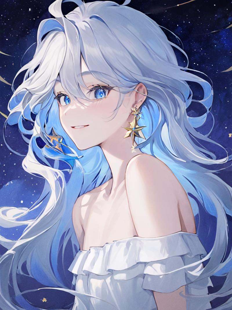 ultra-detailed,(best quality),((masterpiece)),(highres),original,extremely,<lora:shuishenx_xl:1>,funingna,1girl,blue eyes,solo,jewelry,smile,long hair,earrings,looking at viewer,upper body,shirt,off shoulder,star (sky),white shirt,closed mouth,sky,starry sky,bare shoulders,collarbone,<lora:ayaka:1>,