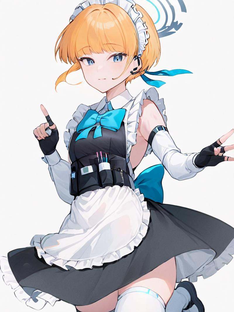 ultra-detailed,(best quality),((masterpiece)),(highres),original,extremely,<lora:feiniaox_xl:1>,feiniao,1girl,solo,gloves,earpiece,thighhighs,bow,fingerless gloves,maid headdress,apron,double v,v,headset,white background,blue bow,halo,black gloves,white thighhighs,maid,simple background,bowtie,blue bowtie,long sleeves,frills,white apron,frilled apron,dress,maid apron,looking at viewer,smile,puffy sleeves,pouch,short hair,ribbon,closed mouth,chest harness,standing,feet out of frame,breasts,zettai ryouiki,black dress,harness,<lora:ayaka:1>,