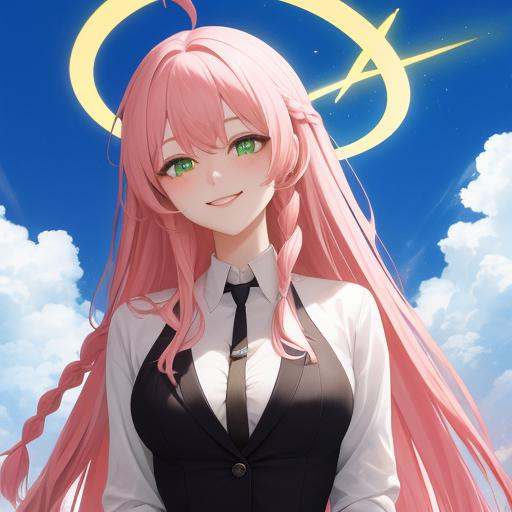 <lora:swhuazi_v1:0.8>,huazi, girl,breasts, pink hair, green eyes, solo,long hair, braid, ahoge,  underwear, looking at viewersmile,  masterpiece, best quality,masterpiece, best quality,halo, masterpiece, best quality,hide hand, masterpiece, best quality,suit, masterpiece, best quality,