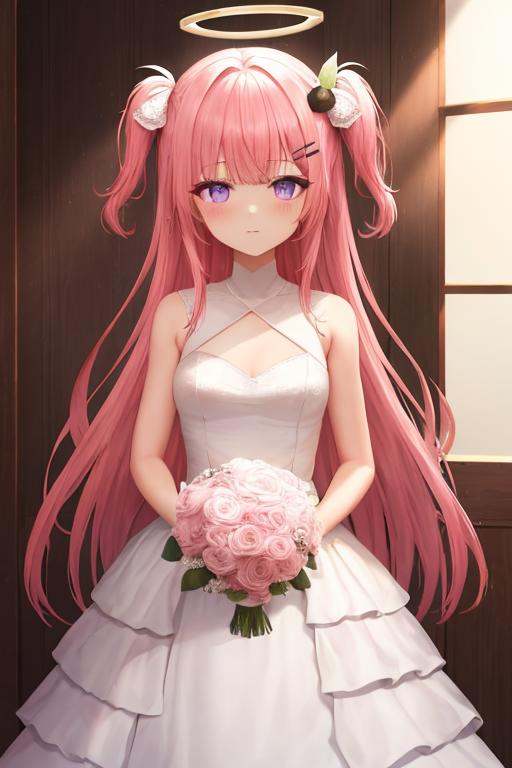 <lora:Ambriel_hand:0.8>， bangs, bhair ornament, hairclip, halo,long hairone side up, pink hair, purple eyes，wedding_dress, masterpiece, best quality,